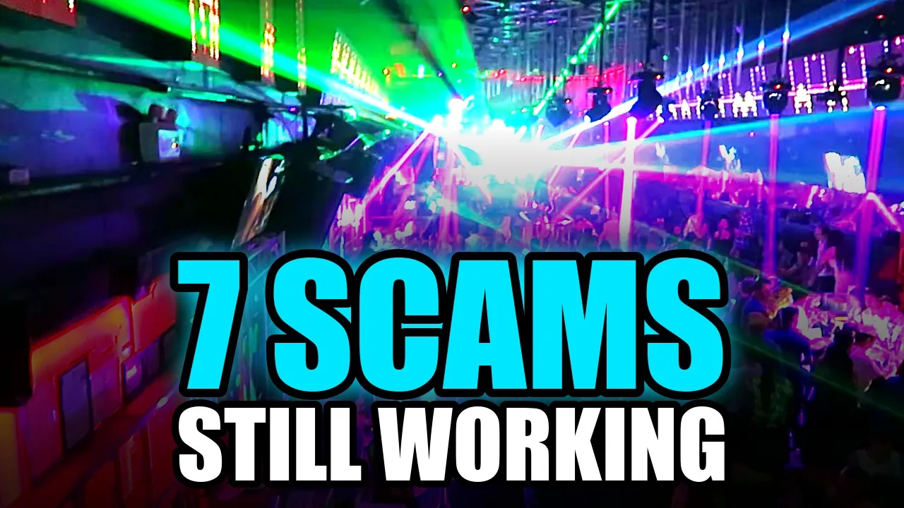 A night club with green lasers, with the words 7 scams still working
